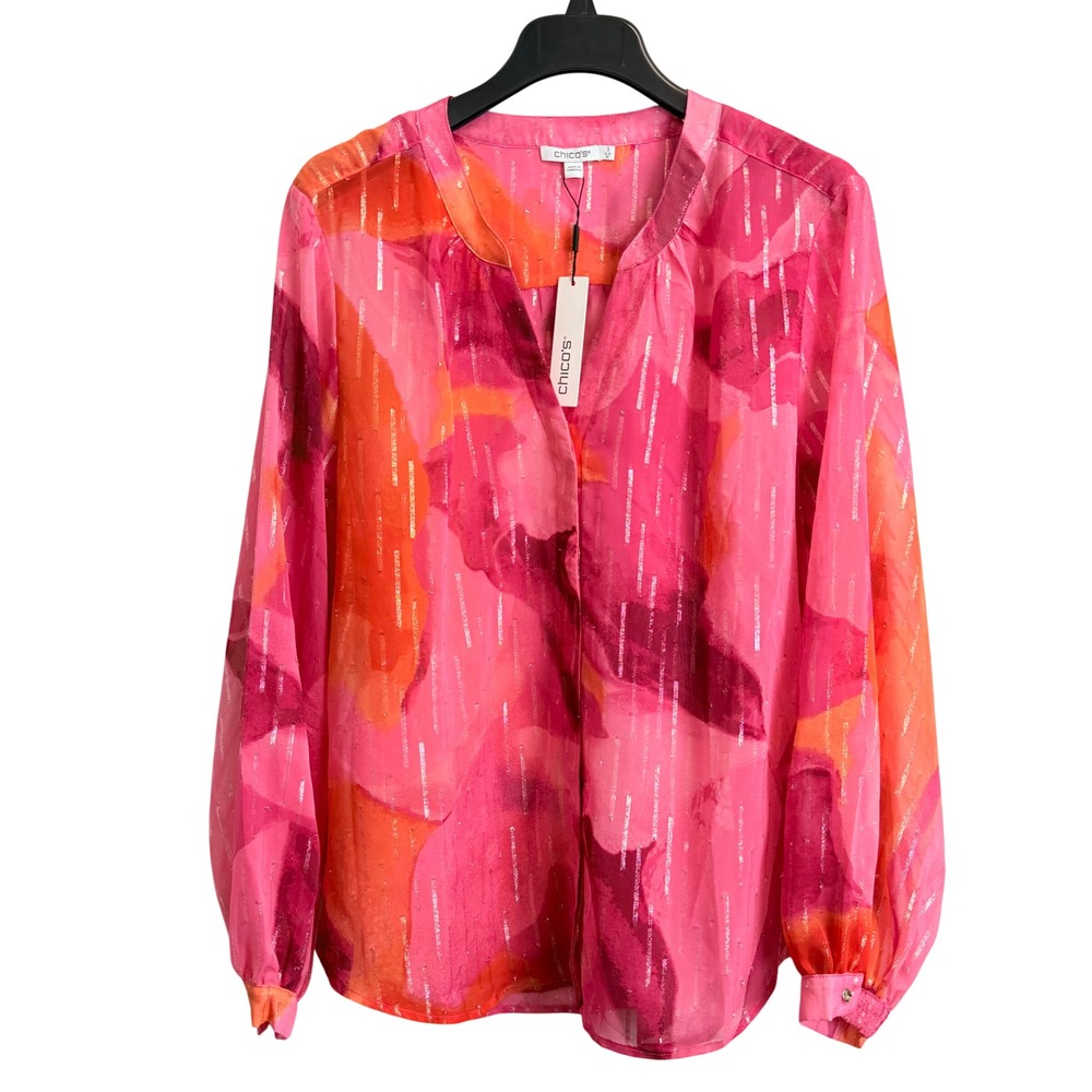 Chicos Lia Wash Billow Sleeve Blouse Pink Orange Metallic Stripe 3 XL Sheer